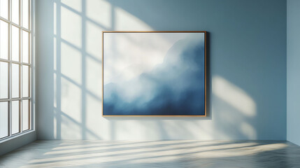Serene Blue Abstract Painting Mockup Wall Art in Minimalist Interior