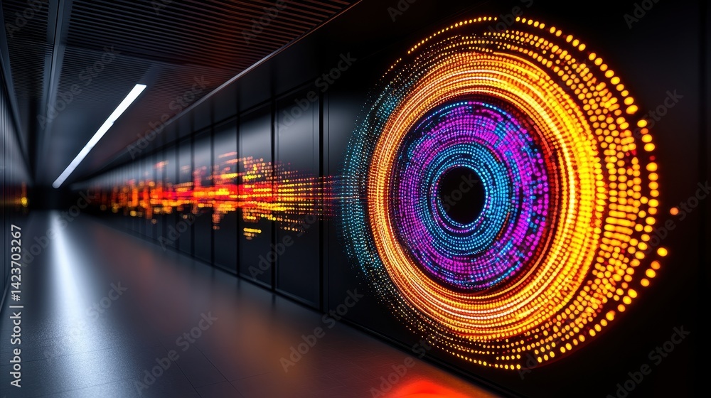 Poster abstract digital data visualization in dark server room corridor