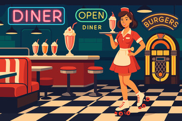 A traditional diner setting reminiscent of the 1950s, complete with vibrant decorations and a nostalgic atmosphere