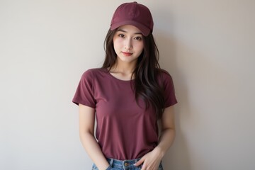 Naklejka premium Young Asian woman in burgundy t-shirt and cap, casual style, portrait, beauty, fashion, lifestyle, isolated on beige background
