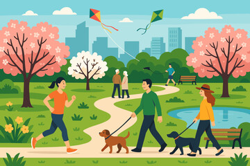 A vibrant city park in the spring filled with blossoming plants and recreational pursuits