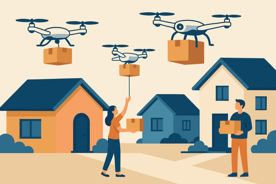 A cutting-edge delivery system utilizes flying drones to drop off packages in suburban neighborhoods
