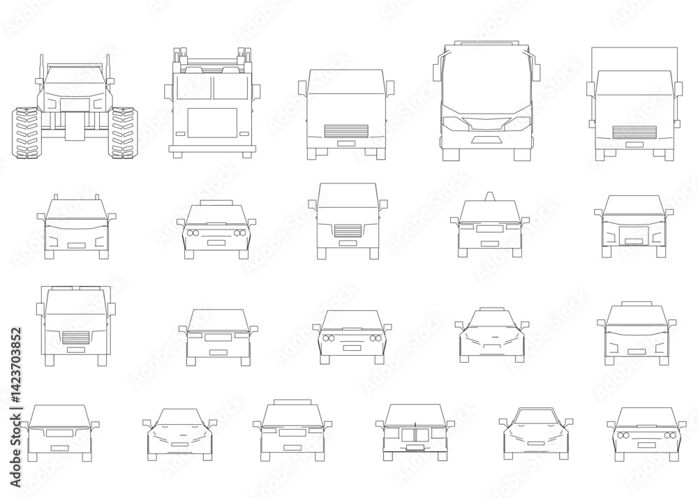 Poster a collection of car drawings in black and white. the drawings cars in size and style, but all featur