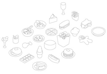 Set of food and drinks. The table is covered with a variety of food items such as sandwiches, cakes, and drinks like wine and juice. Isometric view