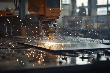 waterjet cutting metal sheet, surrounded by flying sparks in a workshop, highlighting the intersection of craftsmanship and technology