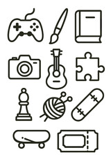 Items representing popular leisure activities and creative hobbies