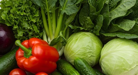 Fresh, ripe vegetables like red tomatoes and green cucumbers create a healthy vegetarian food display at the market