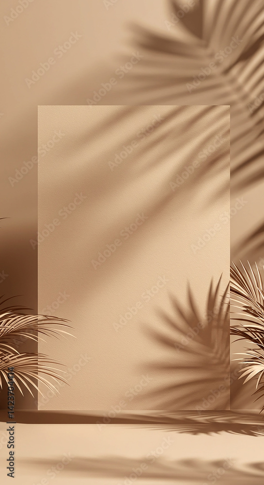 Poster brown background with palm leaves. light and shadow play create soft tropical feeling. natural tones