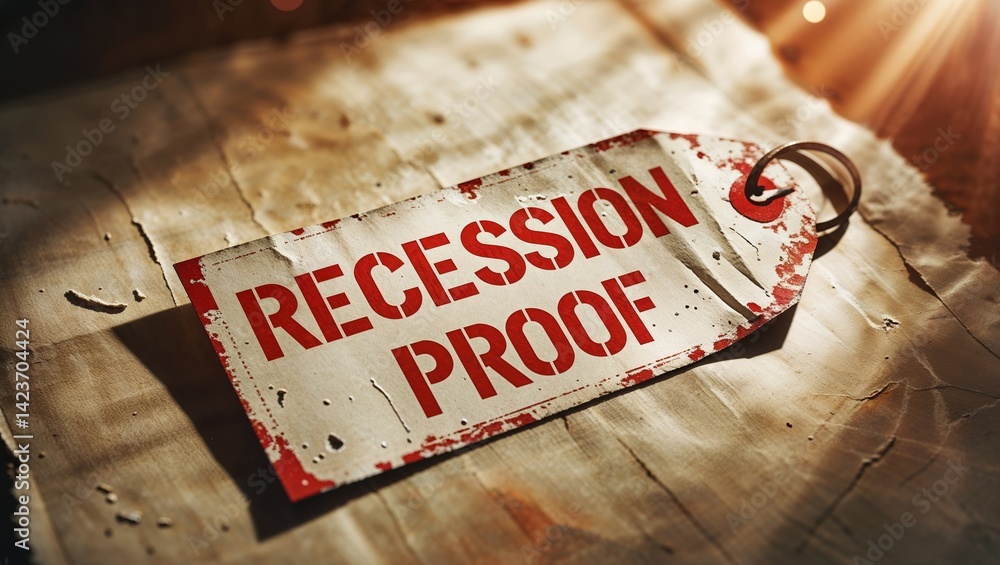 Poster message on a worn tag highlighting the concept of being recession proof in a financial context