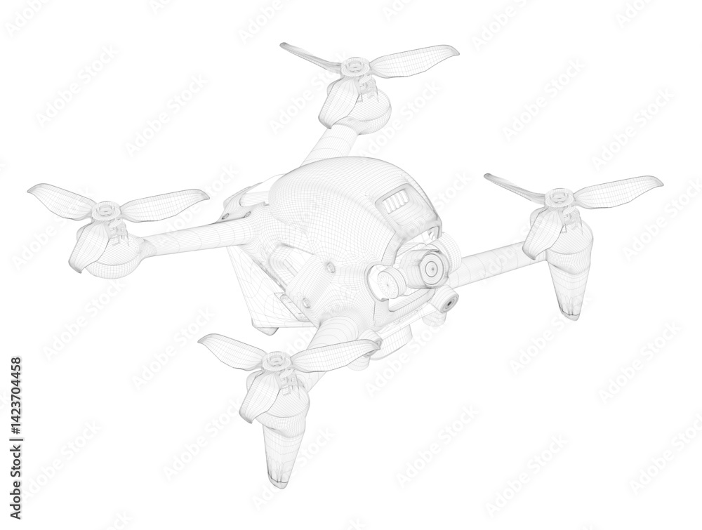 Poster a black and white drawing of a quadcopter with four propellers. the drawing is of a drone with a cam