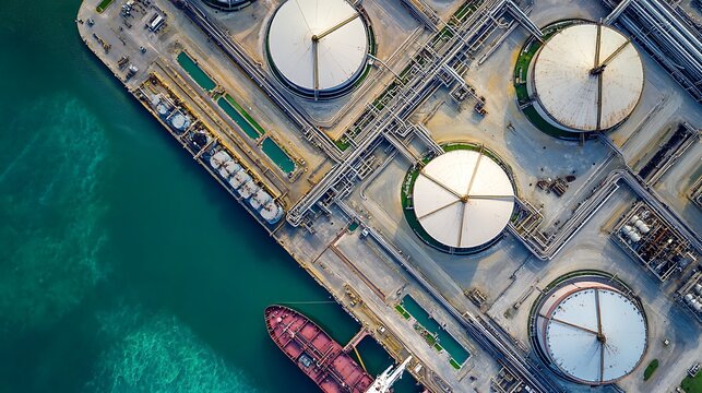 Aerial View of Oil Refinery with Storage Tanks and Docked Tanker
