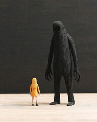 Emotion conflict inner mental. A small woman stands before a large, shadowy figure, creating a striking contrast that evokes feelings of curiosity and intrigue.