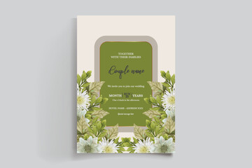 WEDDING INVITATION FRAME WITH FLOWER DECORATIONS AND FRESH LEAVES