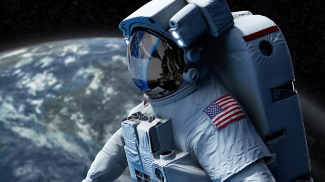 USA, American Astronaut with arm patch flag floating through space. Space program. Spaceman. Earth in background. The country showing national pride. 