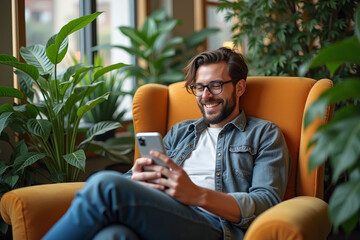 Handsome man relaxing on comfy armchair among home plants holding in hands smartphone. No stress, home owner, modern tech usage, fun concept. AI