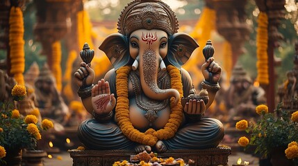 Fototapeta premium Ornate statue of Ganesha, Hindu deity, amidst festive decorations.