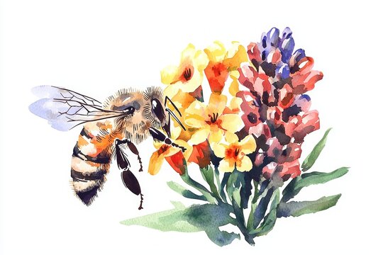 Closeup Illustration of a Honeybee Pollinating Vibrant and Colorful Wildflowers Near a Beehive