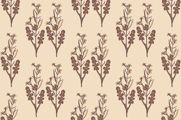 Botanical floral seamless pattern with wildflowers bouquet vector illustration. Repeating pastel brown plants with stems, leaves, flowers in beige background. Graphic design for Fashion Cover Wedding