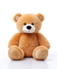 Obraz premium Soft tan teddy bear sitting upright with a white smile and black nose on white surface