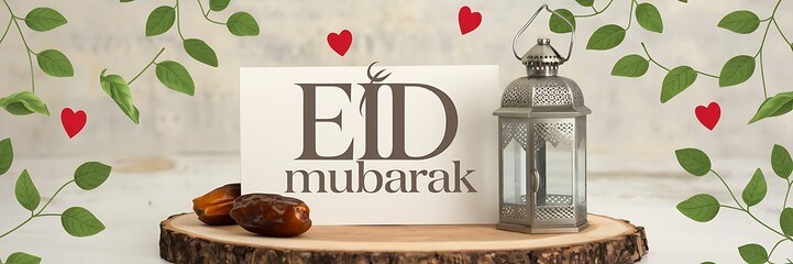 An Islamic Greeting Card with Eid Mubarak Text Featuring a Traditional Arabic Lantern Green Leaves Red Hearts Three Dates on the Left Side and a Wooden Board Background for a Festive Celebration