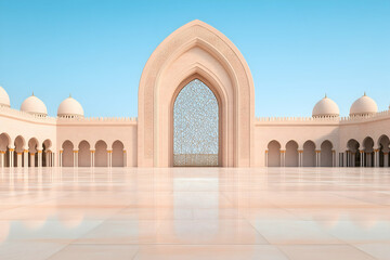 Grand mosque courtyard with intricate archway and reflective floor under clear sky