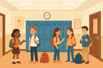 Fototapeta premium A lively school corridor with lockers, students, and educational posters