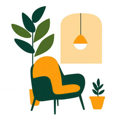 Fototapeta premium A modern and cozy interior featuring a stylish chair alongside indoor plants, with a window and pendant lighting, creating a warm and inviting atmosphere.