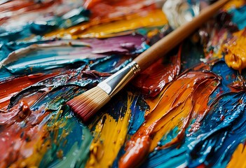 Obraz premium a close-up view of a paint brush resting on a palette thickly coated with vibrant, mixed oil paints in shades of orange, blue, yellow, and purple.