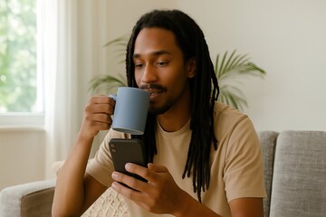 Young man drinking coffee and using smartphone on sofa at home