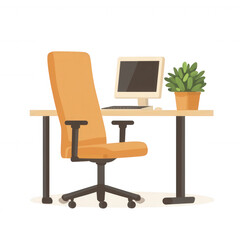 Fototapeta premium A modern office setup featuring an ergonomic orange chair, a computer screen, and a potted plant on a wooden desk, creating an inviting workspace atmosphere.
