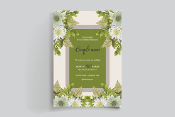 WEDDING INVITATION FRAME WITH FLOWER DECORATIONS AND FRESH LEAVES