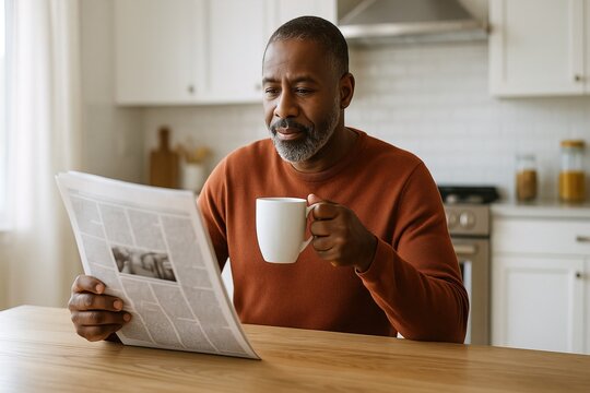 Senior man enjoying morning coffee and newspaper in kitchen