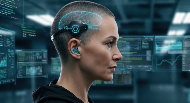 In a cutting-edge workstation, a person with a shaved head is immersed in a high-tech environment, showcasing advanced data processing equipment. The individual is equipped with sleek auditory and