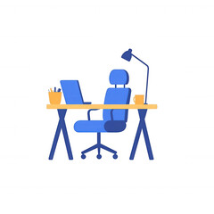 A modern workspace featuring a blue office chair, desk, laptop, and stylish lamp. Ideal for freelancers or remote workers seeking inspiration in a comfortable environment.