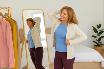 Smiling senior woman trying new clothes in front of mirror at home