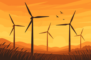 Fototapeta premium A glowing landscape of renewable energy at sunset