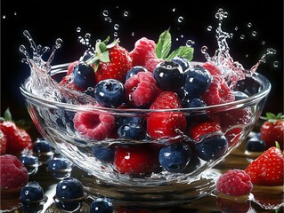 A bowl of mixed berries splashing into a crystal-clear glass bowl of wate,summer, colors, juicy,