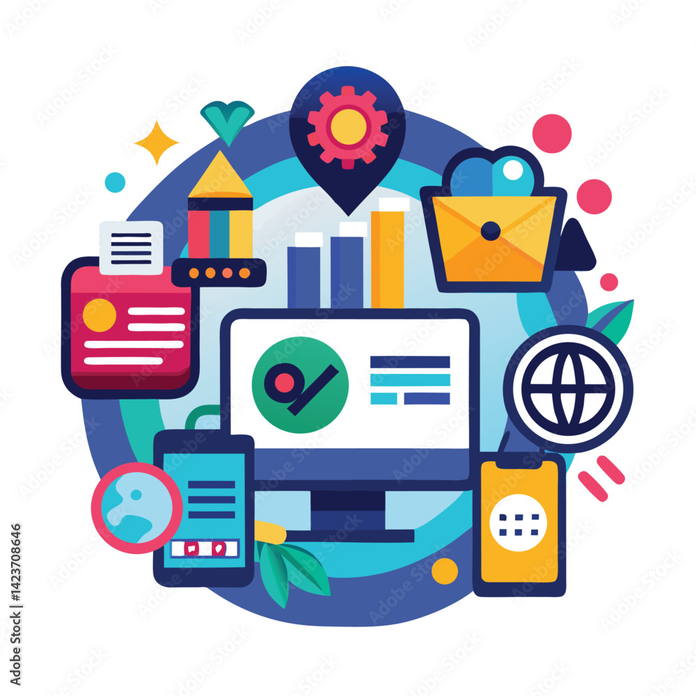 Poster modern vector logo design representing an e commerce platform showcasing digital tools and elements 