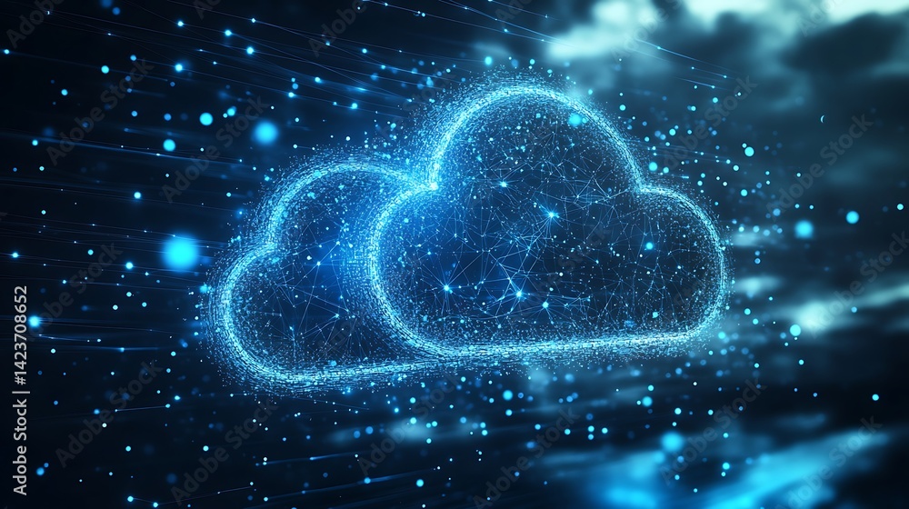 Poster digital cloud computing network with glowing connections and data streams