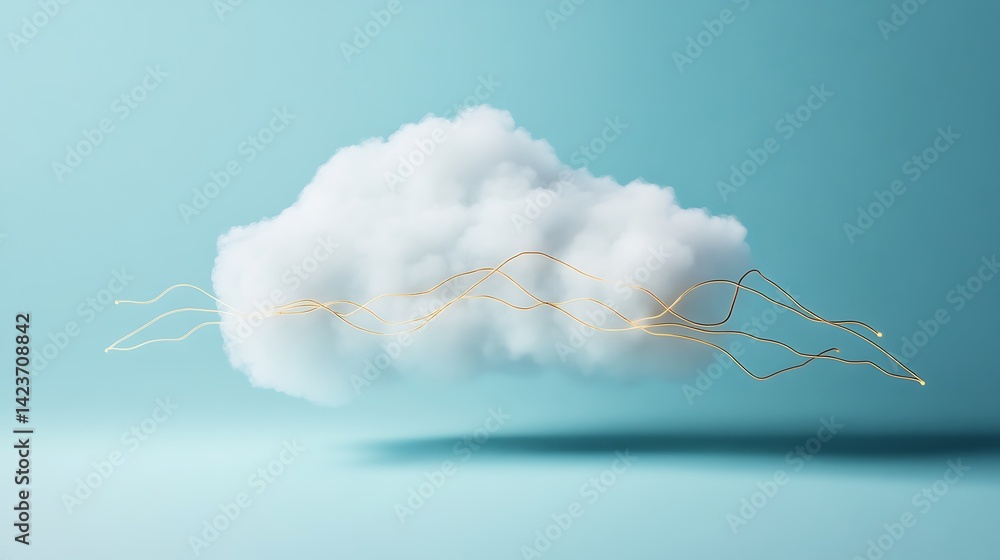 Fototapete Cloud Computing Concept White Fluffy Cloud with Golden Data Streams