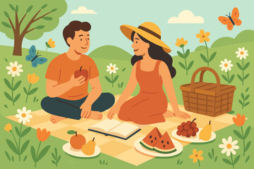 A cheerful outdoor picnic in a spring meadow with blooming nature and food