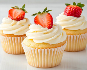 Three vanilla cupcakes topped with cream cheese frosting and fresh strawberries