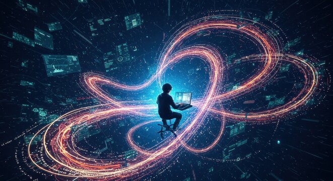 A person sits on a swivel chair engaged with a laptop, surrounded by a mesmerizing swirl of bright data streams and digital interfaces. The vivid colors shift and flow around them, illustrating the
