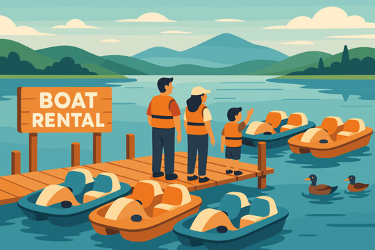 A calm lakeside boat rental with nature and people preparing for water fun