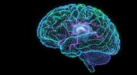 A vibrant, three-dimensional digital rendering depicts a brain surrounded by a network of glowing neural pathways and connections. The composition uses bright colors like green, blue, and purple