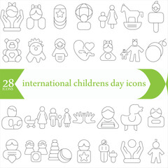 Set vector line thin icons of international childrens day in linear design for mobile concepts and web apps. Collection modern infographic pictogram and signs.
