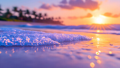 Vibrant sunset over ocean waves, close-up of foamy shore