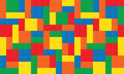 The vector background features colorful toy brick blocks in various shapes, creating a vibrant, playful scene filled with creativity and imagination.

