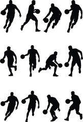 Black and White Basketball Player Silhouette Set in Motion – Dribbling Action Illustration