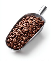 Fototapeta premium Scoop filled with roasted coffee beans on a white surface in a studio setting view from above